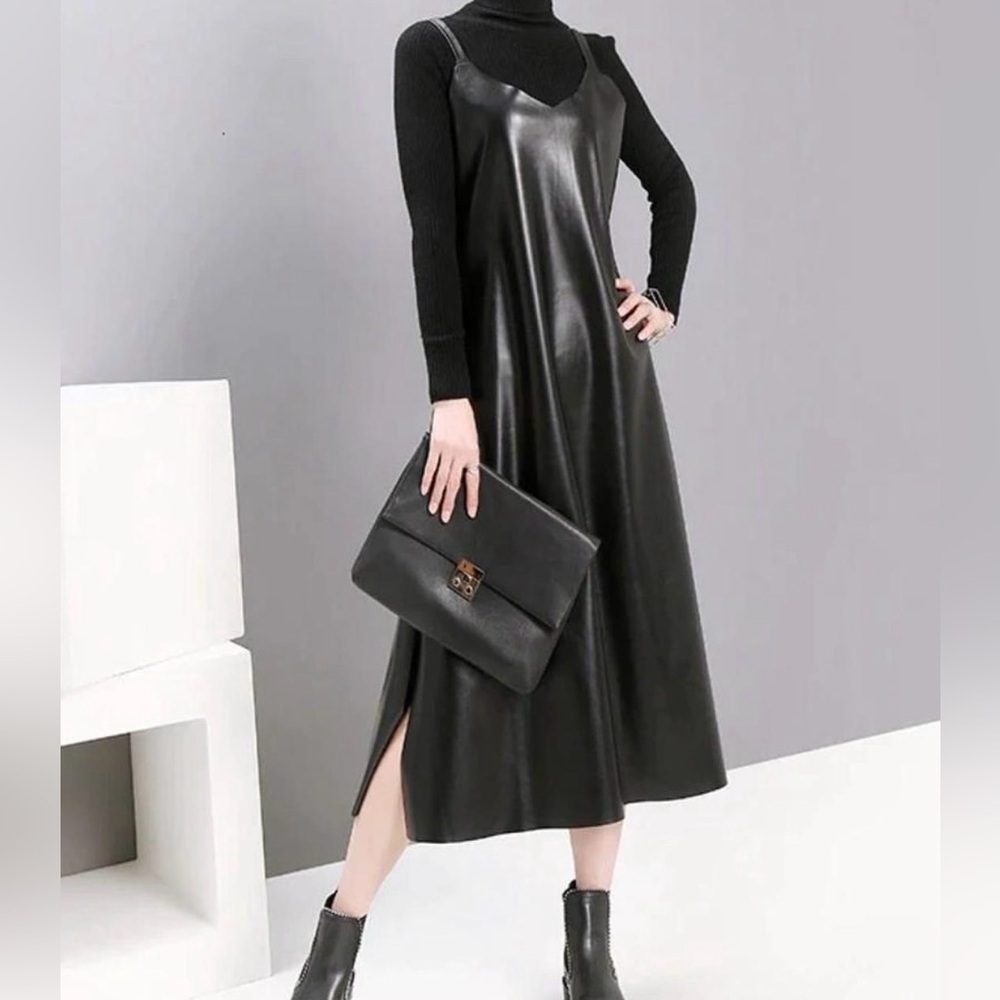 Marigold Shadows Bakaitis Vegan Leather Spaghetti Dress OS